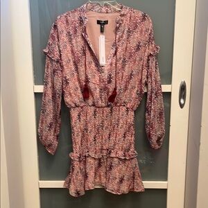 AQUA Pink Lined Patterned Ruffled Dress, Fairy Boho Peasant Dress, NWT